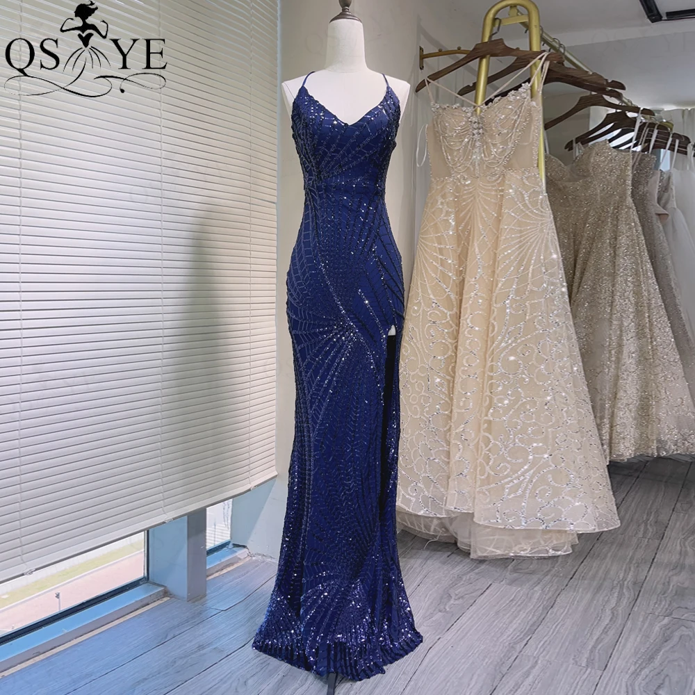 

Sexy V neck Navy Blue Evening Dresses Halter Straps Sequin Prom Gown Pattern Lace Open LowBack Women Front Slit Girl Party Dress