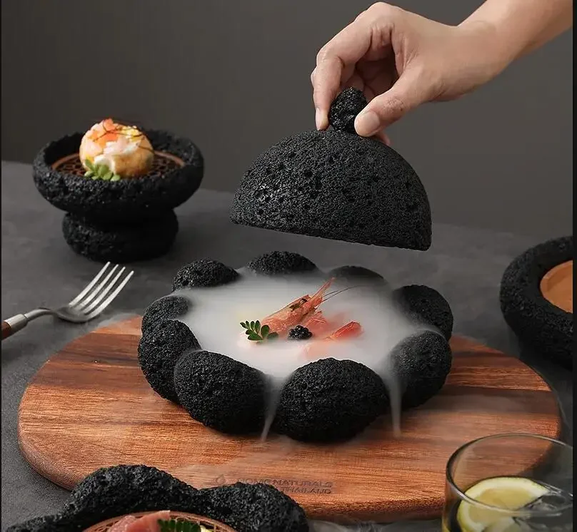 Black Cement Tableware Dinner Plate with Lid Sashimi Disc Dry Ice Tray Sushi Dessert Plates Dim Sum Dish Steak Bowl