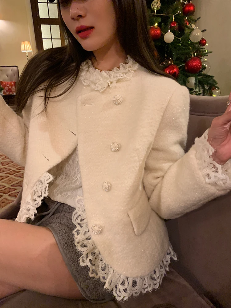 Manteau en laine doublé Fce pour femmes, nouveau Design, épissage en dentelle, taille ort, coréen, pour les déplacements, couleur Pure, boutonné, 2024