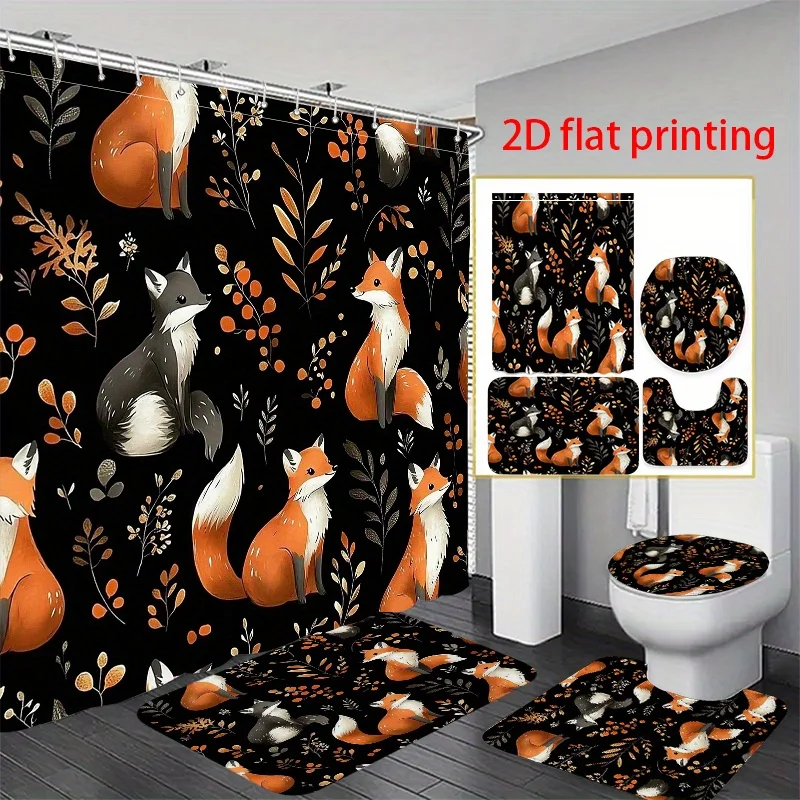 

4pcs 2D Flat Printing Hower Curtain Shower Curtain Set Foxes And Leaves on Black Background. Modern Home Decoration, Shower