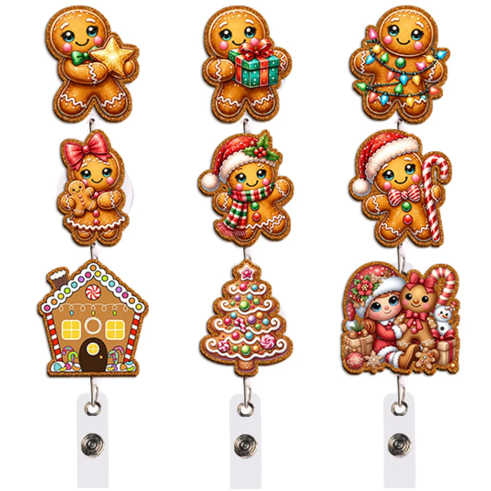 Christmas Gingerbread Badge Reel Retractable ID Holder Cookie Candy Cane Santa Gift for Daily Use Travel