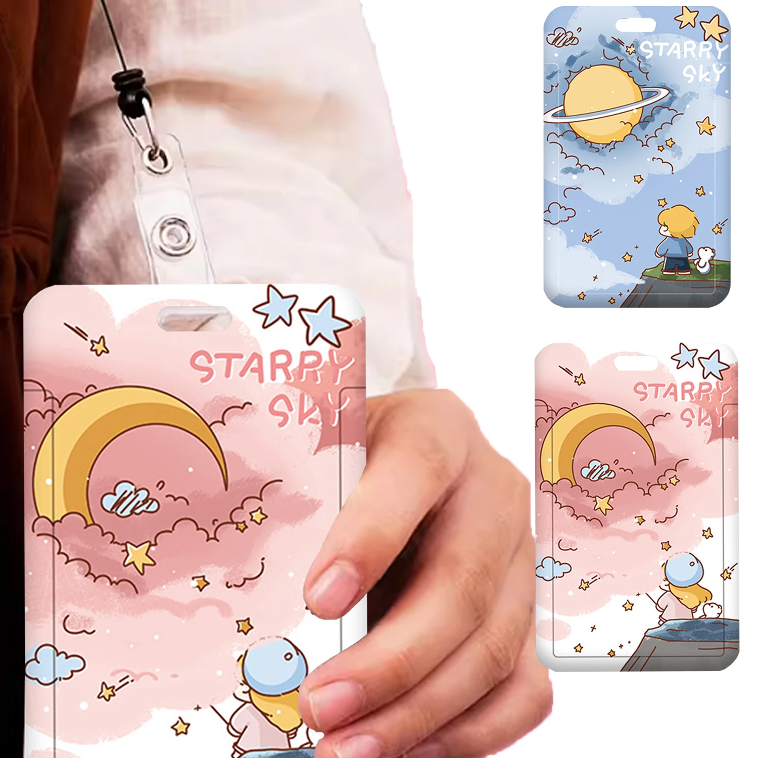 Cute Cartoon Starry Sky Card Holder For Women Men Girls Boys ID Credit Bank ABS Plastic Card Protective Cover With Keychain