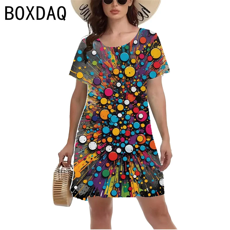 Vintage 3D Elements Cashew Pattern Dress Women Short Sleeve O-Neck Casual Mini Dress Big Size 3XL Female A-Line Dress Vestidos