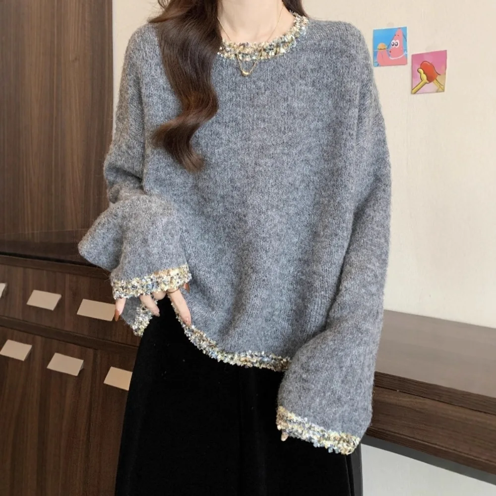 

Women Tops Pullovers Sweaters Knitted Round Neck Full Sleeve Jumpers Y2k Streetwear Elegant Splice Knit Sequins Casual 2026
