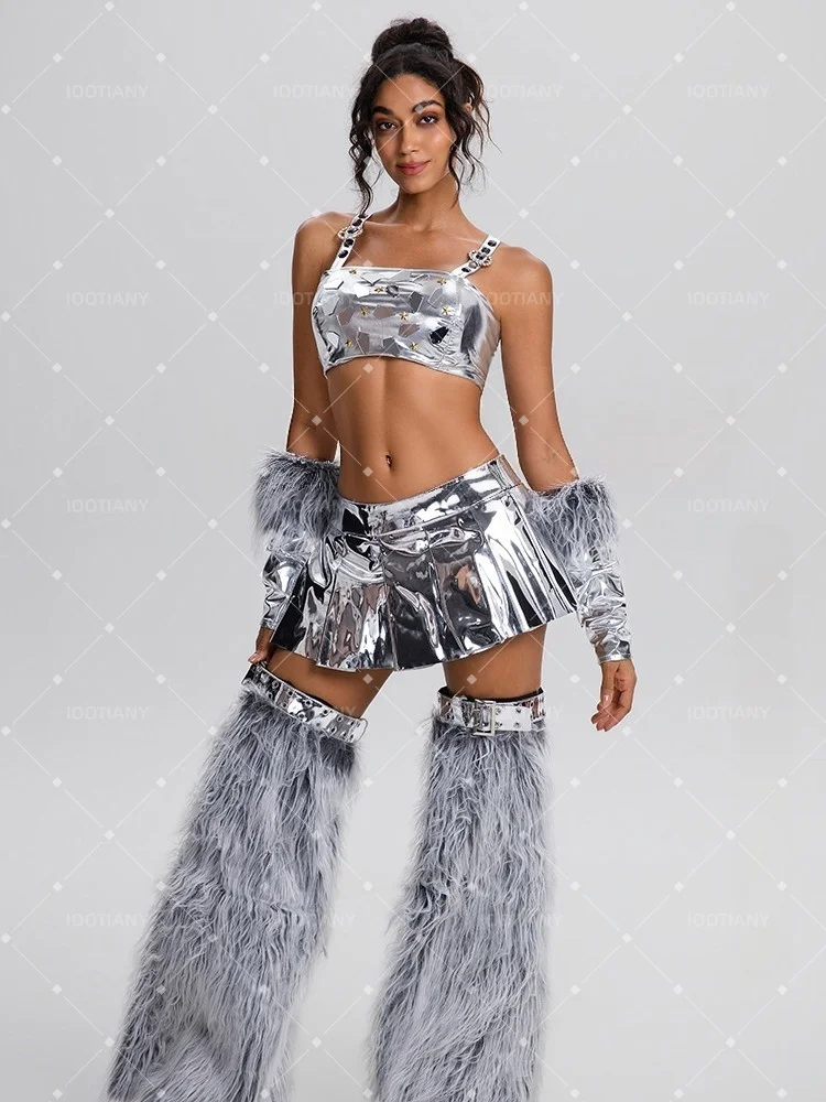 Shiny Metallic Silver Rave Dress Rave Music Festival Suit Clubwear Faux Fur Leg Warmers Arm Warmers Crop Top Pleated Mini Skirt