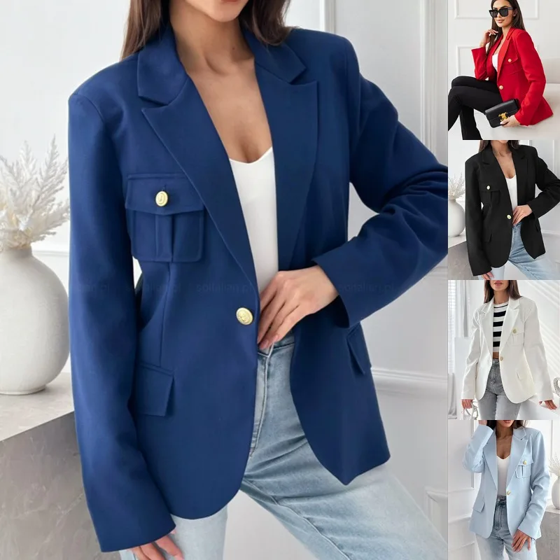 

Simple Solid Color Double-breasted Fitted Women's Casual Suit Jacket with Lapel Suitable for Business and Formal Occasions