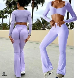 1/2Pcs Long Sleeve Pad Crop Tops Yoga Set Women Gym Sport Big Leg Flare Scrunch Pant Workout Fitness Legging Active Wear Suits