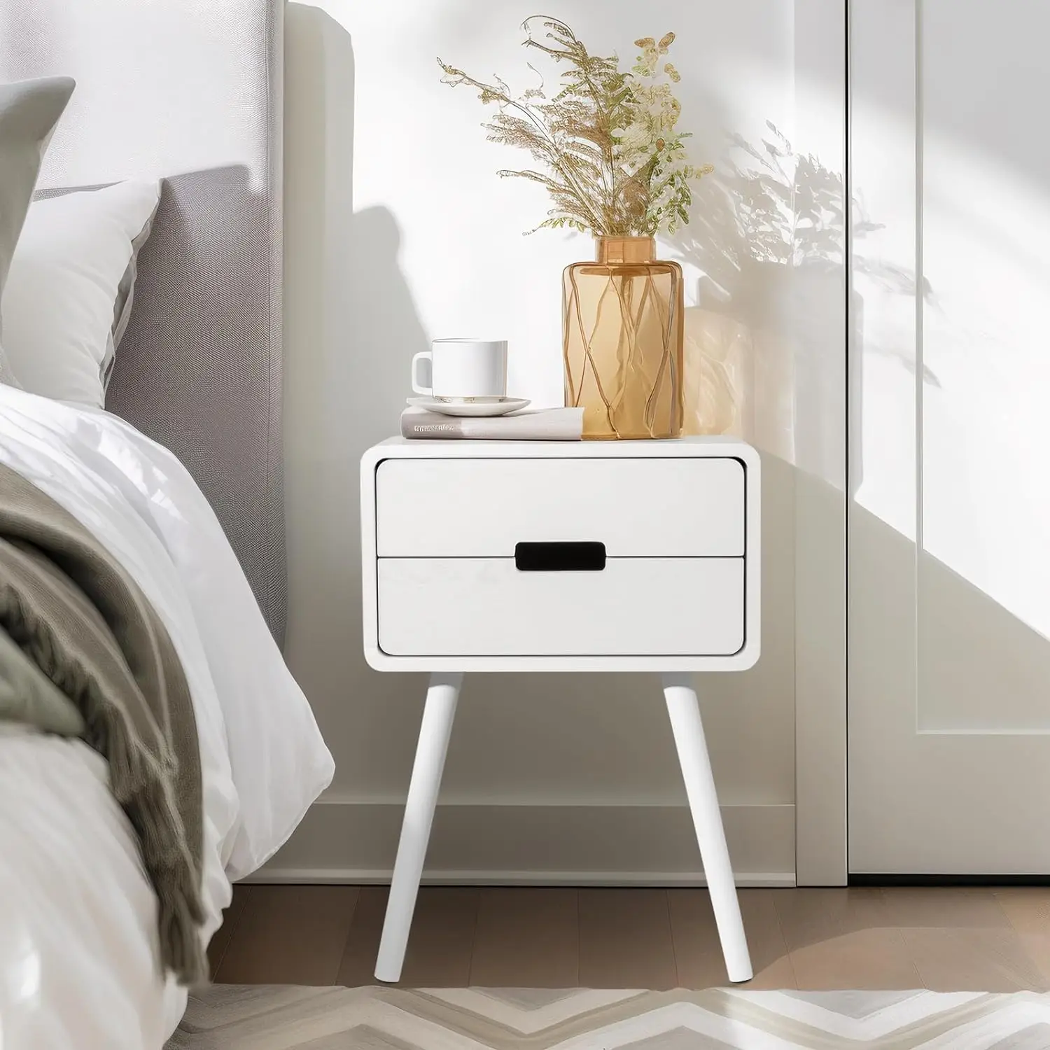 

Comfort corner Nightstand for Bedroom, Scandinavian Night Stand with Solid Wood Legs,2 Drawer Dresser Side Table, Bedside Table