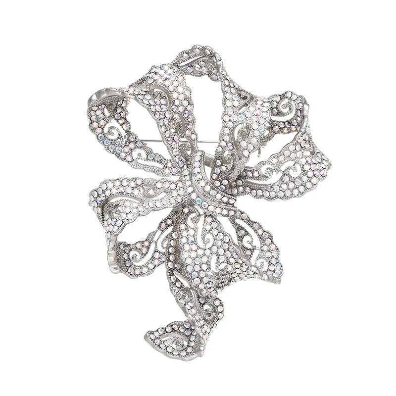 Elegant Luxury Austrian Crystal Heavy Industry Hollow Ribbon Bow Brooches for Woman Exquisite Design Corsage Accessories Gifts