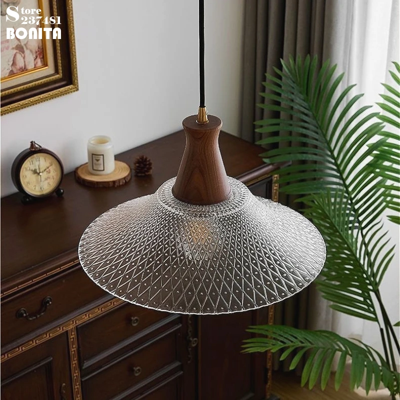 Vintage American Pendant Light, Solid Walnut & Embossed Glass Lampshade Chandelier for Cafe Bar Kitchen Island Bedroom Decor view 3