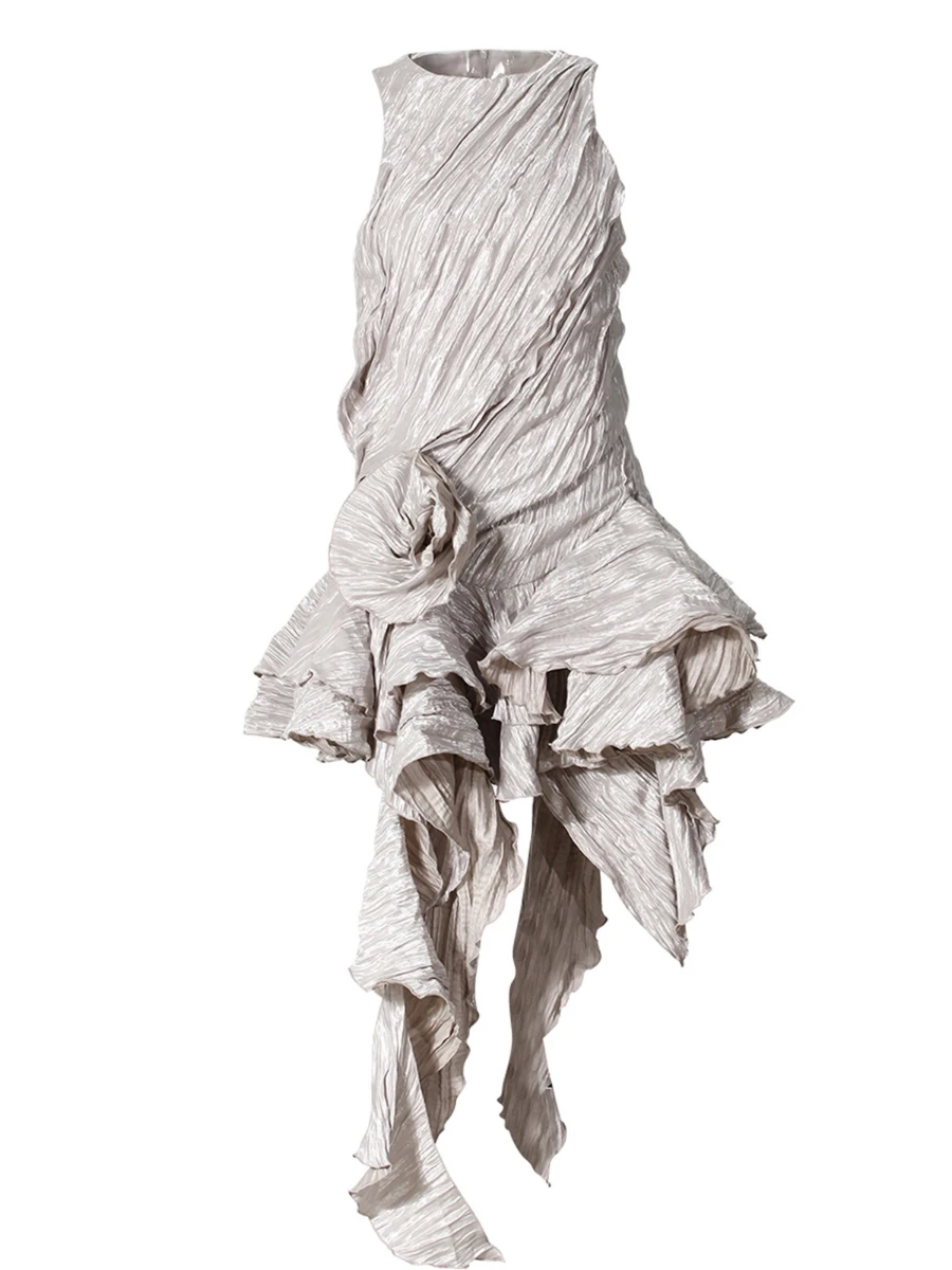 CHICEVER ไม่สมมาตร Patchwork Appliques ชุดผู้หญิง O คอแขนกุดเอวสูง Spliced Ruffles Minimalist กระโปรงหญิง