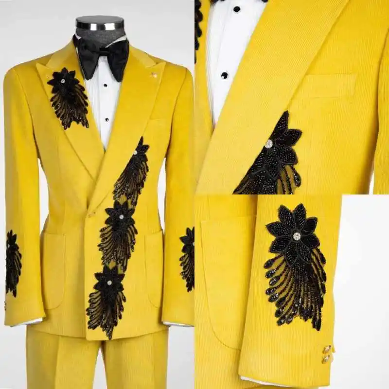 우아한 남성 정장 2피스 블레이저 바지 피크드 라펠 아플리케 신랑 결혼식 턱시도 공식 행사 연회 맞춤 제작