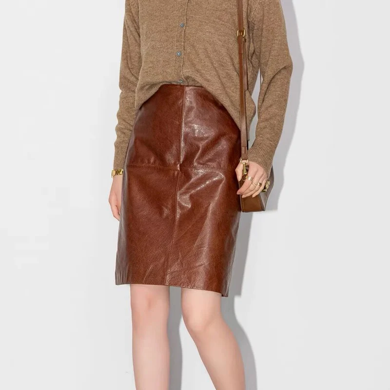 Genuine Leather Cowhide Skirt Short For Women Autumn New  Simple High Wide Waist Versatile Wrap Faldas Mujer Cargo Skirt