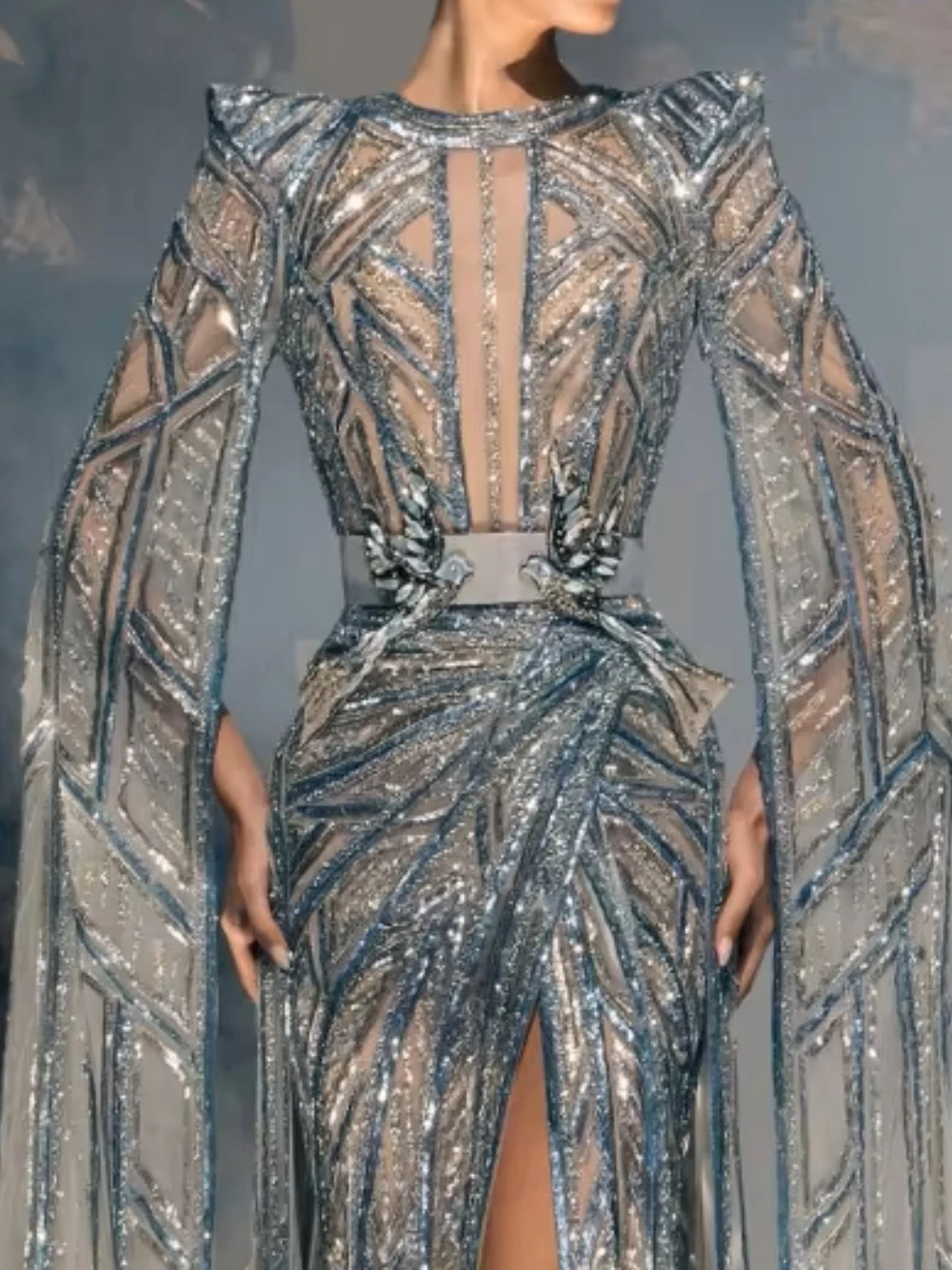 Chic Padded Shoulder Cape Evening Dress Full Sequin Geometric Pattern High Slit Waist Belt Prom Gown Sexy Illusion Customized