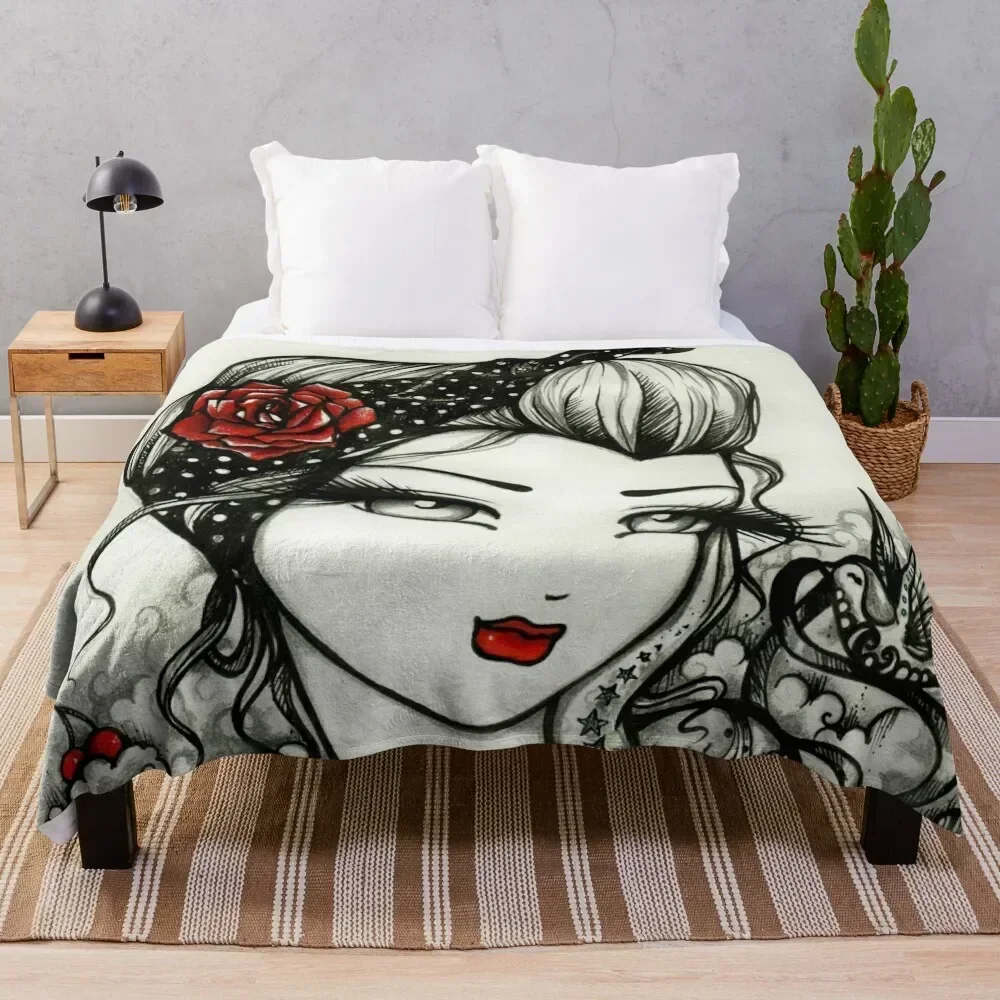 Tattooed Pin-up Girl Greyscale with a Pop of Color Fantasy Art Throw Blanket Retros bed plaid Soft Plush Plaid Blankets