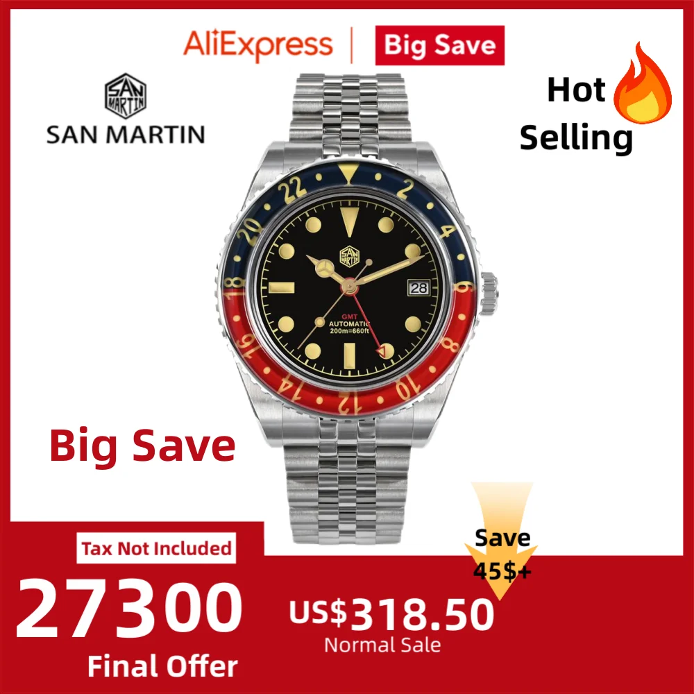 San Martin 40mm NH34 GMT Diver's Watch For Men Sapphire Bezel 5-Link Bracelet On The Fly Adjust Clasp 20Bar Saat Erkek SN0005B