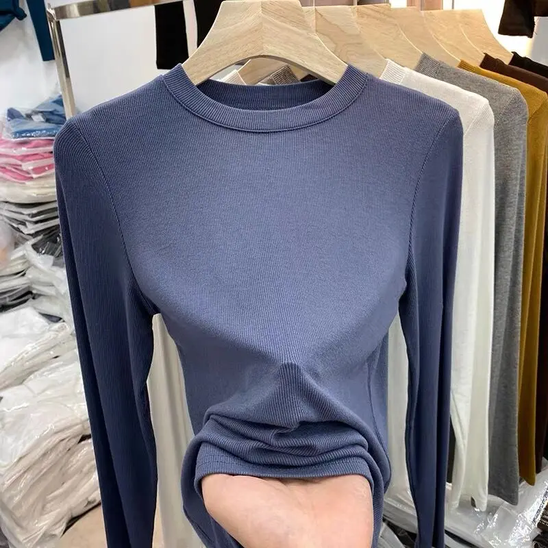 ファイオナブル ロング スリーブ リブ編み Tシャツ レディース ラウンドネック マスクトップ 韓国風 スタイリッシュ 通勤 折り畳み スリムフィット デイリーウェア