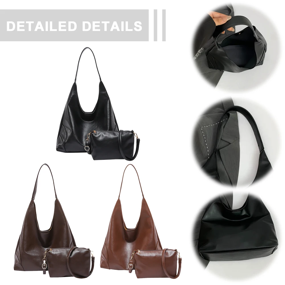 

2pcs Women PU Leather Slouchy Hobo Bag Adjustable Strap Shoulder Purse Top Handle Handbag Hobo Bag for Work Travel