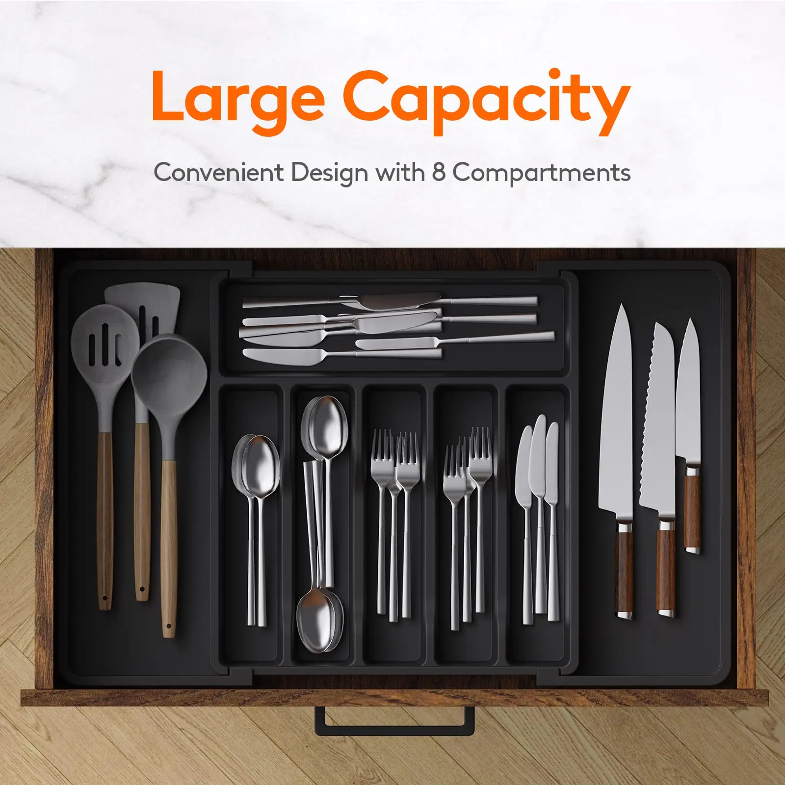 Kitchen Silverware Drawer Organizer Expandable Utensil Tray Adjustable for Spoons Forks Knives Flatware and Cutlery Organizer