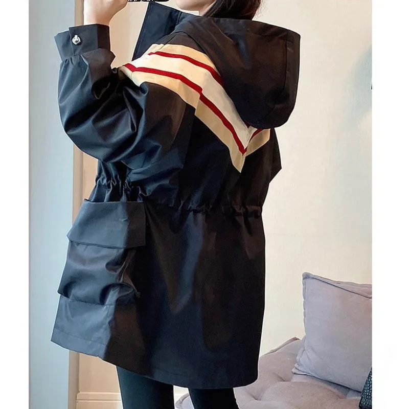 Black Women\'s Trench Coat 2024 Spring Autumn Patchwork Waist Hooded Overcoat Casual Loose Pocket Windbreaker Jacket Female