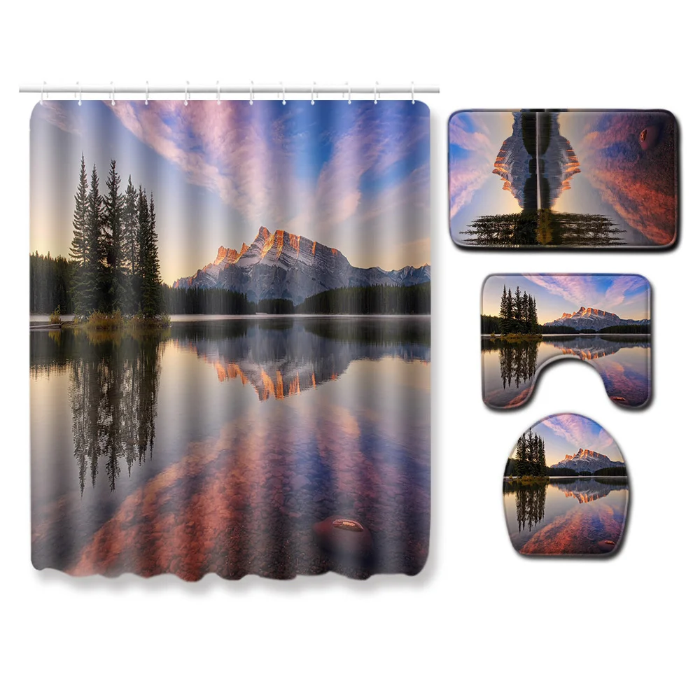 

Mountain Lake Sunset View Shower Curtain set Bathroom non-slip mat U-shaped mat Toilet Seat Shower Curtain Partition Decoration