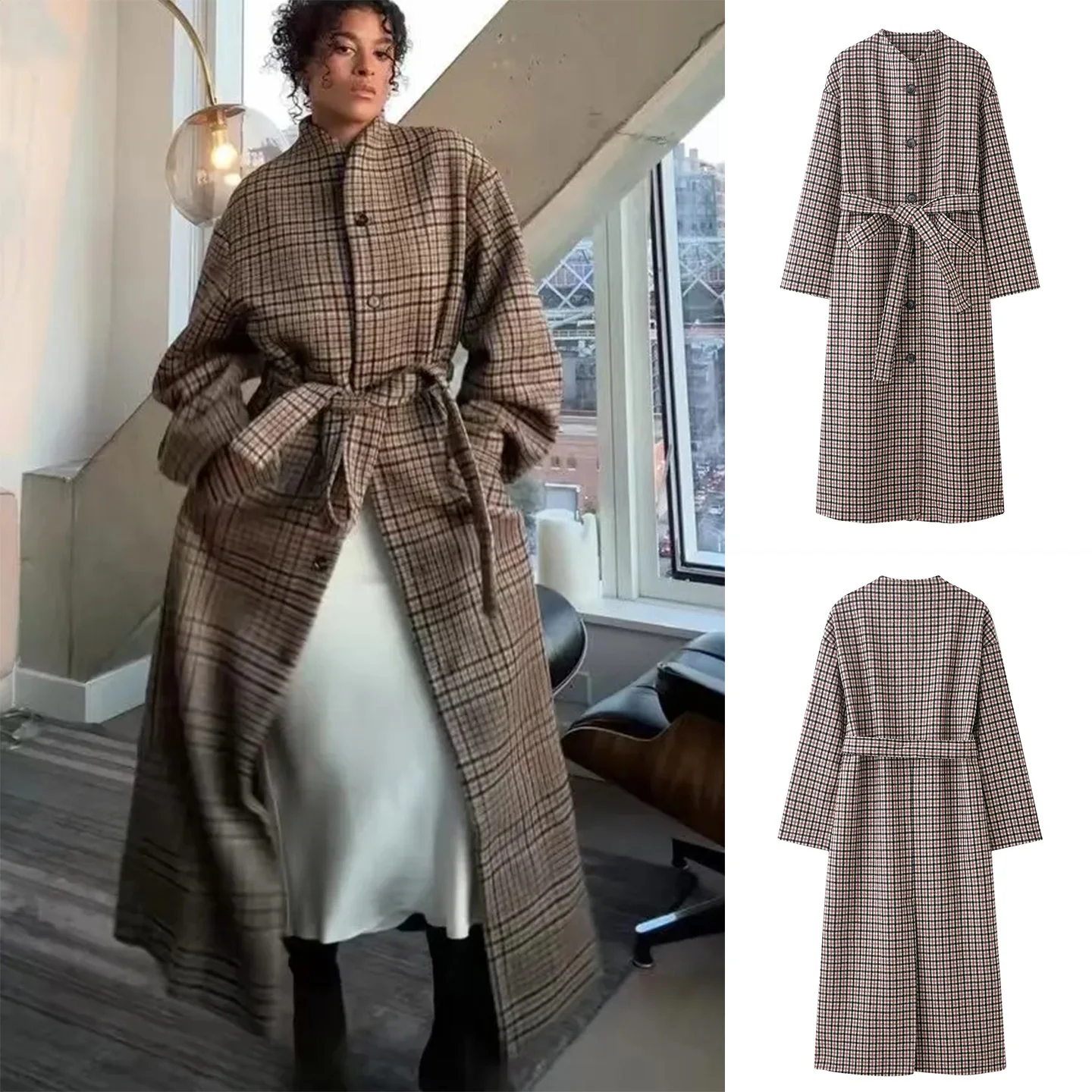 

Winter New Arrival Women's Retro Sle Stand Collar Long Sve Single Row Multi-Buled Midi Casual Plaid Coat Jaet