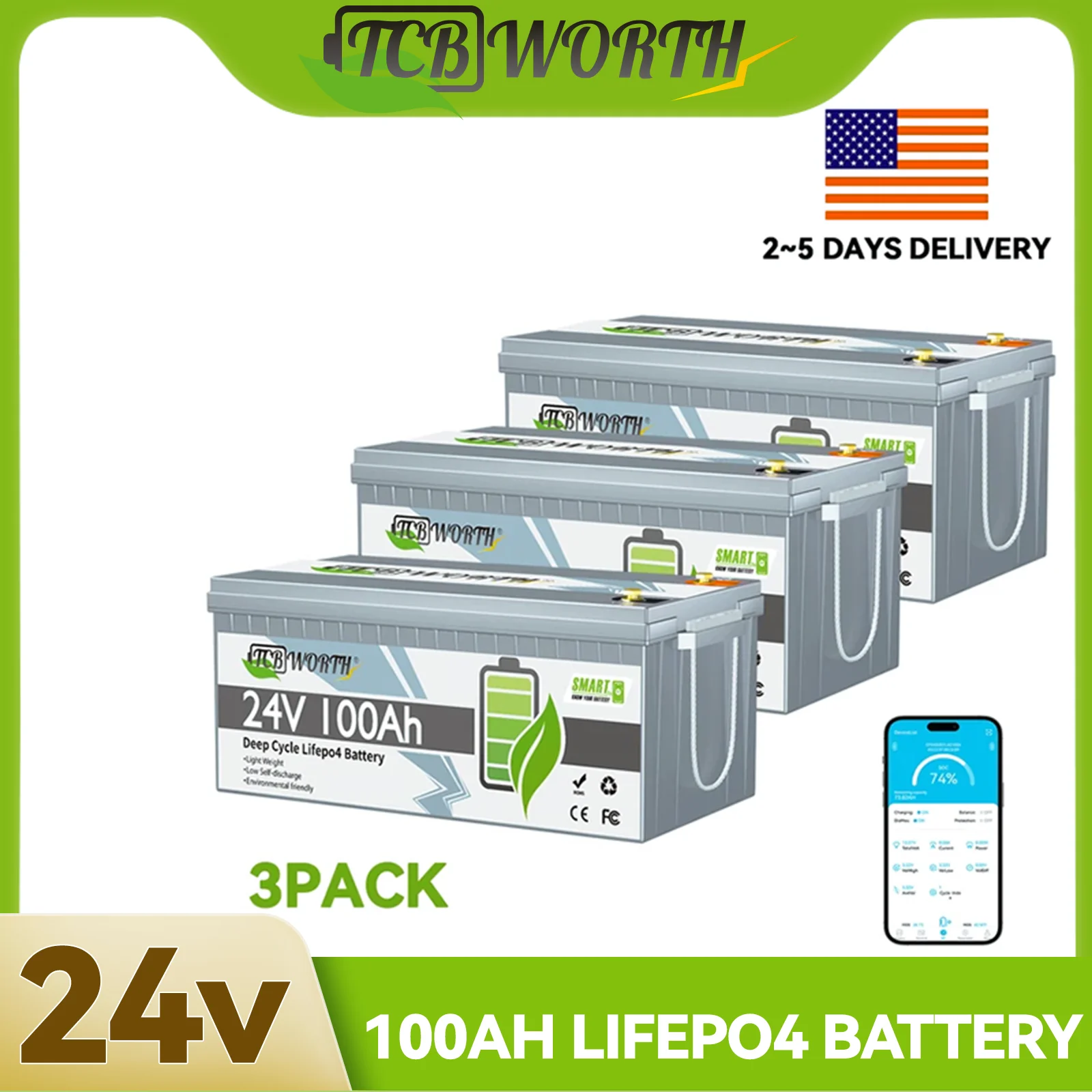 

Литиевая батарея TCBWORTH 24В 100Ач LiFePO4 с BMS 100А, более 7000 циклов глубокого разряда, поддержка подключения 4P2S для автодомов, солнечных систем, морского применения