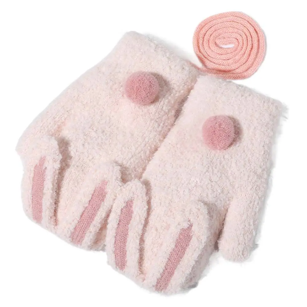

Outdoor Gloves For Toddler Baby Thick Rabbits Windproof Children Gloves Full Finger Mittens Kids Gloves Hanging Neck Gloves