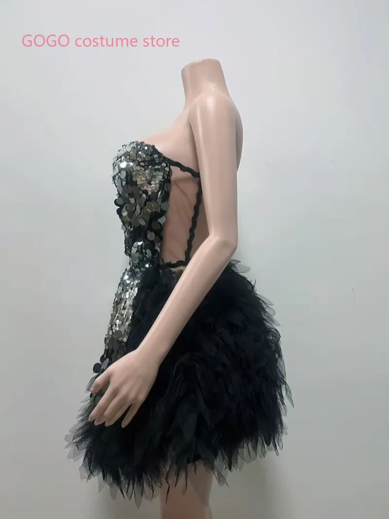 Vestido negro Sexy con purpurina, lentejuelas, espalda descubierta, diamantes de imitación, fiesta de cumpleaños, club nocturno, DJ DS, baile en barra, puesta en escena, traje de festival