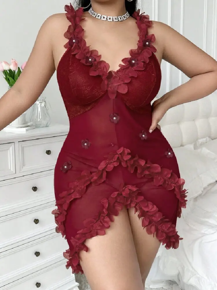 

Элегантная женская ночная сорочка больших размеров из мягкой сетки с кружевными вставками, декором из жемчуга и цветочных лепестков, с регулируемыми бретелями, для всех сезонов