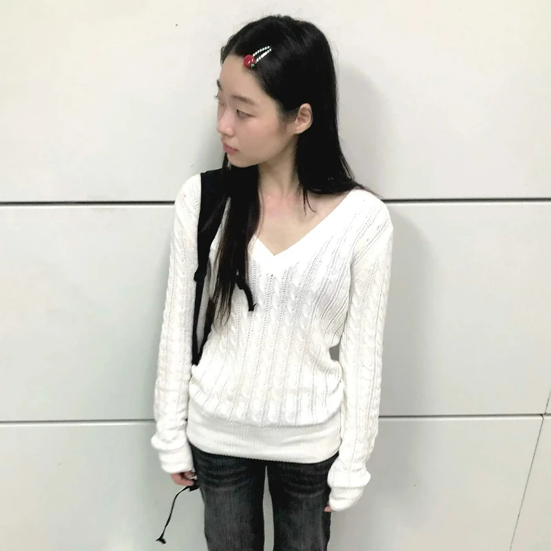 Karrram اليابانية Y2k الخامس الرقبة سترة بيضاء خمر Harajuku متماسكة سليم البلوز الكورية نمط خريف شتاء تريكو 2000s جماليات #3