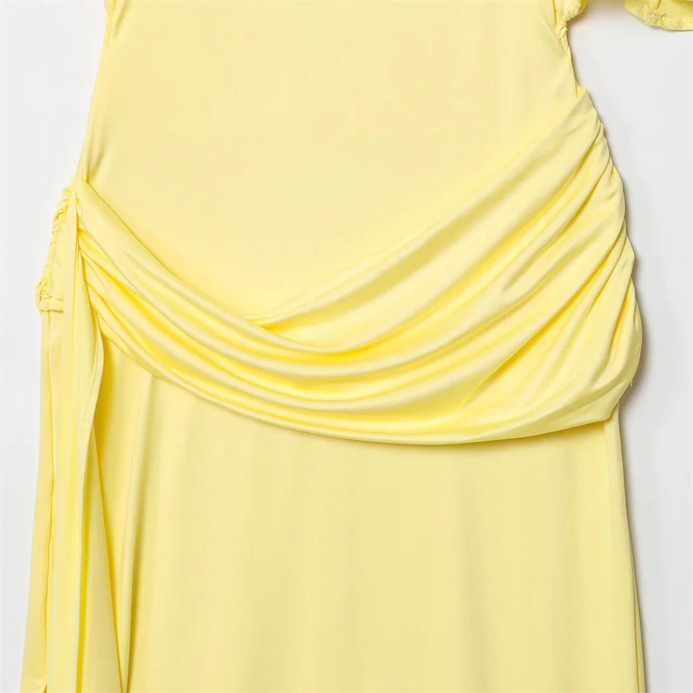 Novo vestido feminino elegante e sexy com decoração em camadas sem costas e manga curta com fenda lateral vestido MIDI