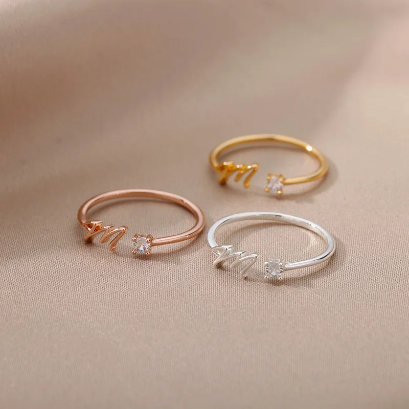 Mini Zirkon A-Z Brief Initial Ringe Für Frauen Gold Farbe Einstellbare Edelstahl Ring Hochzeit Finger Schmuck Paar Geschenk – Detail 5
