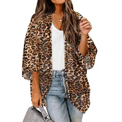 Women Floral Leopard Print Short Sleeve Shawl Chiffon Kimono Beach Cardigan Bikini Cover Up Wrap Beachwear swimsuit  AntiUV Coat