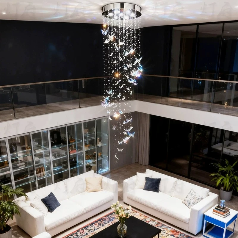 K9 Crystal Butterfly Chandelier for Staircase Duplex Hotel Lobby Restaurant Living Room Decor Italy Luxury Ceiling Lamp Fixture