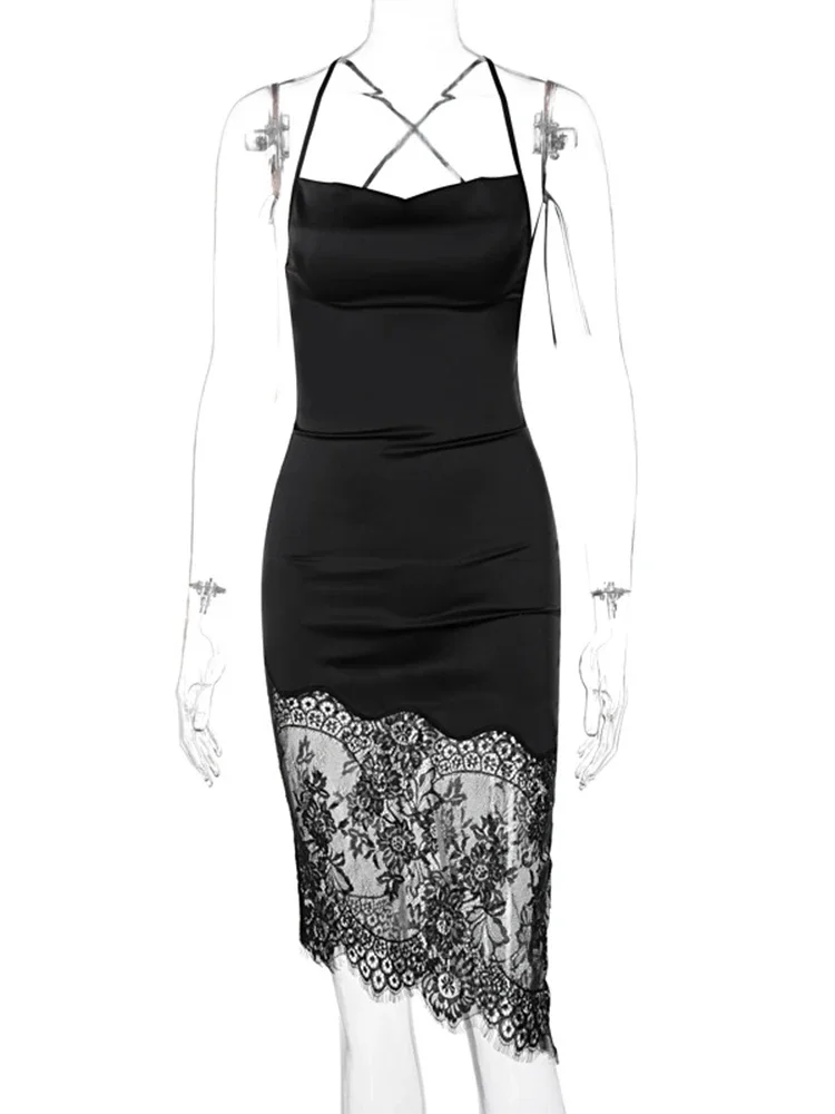 レースパッチワークサテンミニドレス女性ボディコンセクシーなレースアップ背中の開いたショートドレスパーティーエレガントな服誕生日イブニング