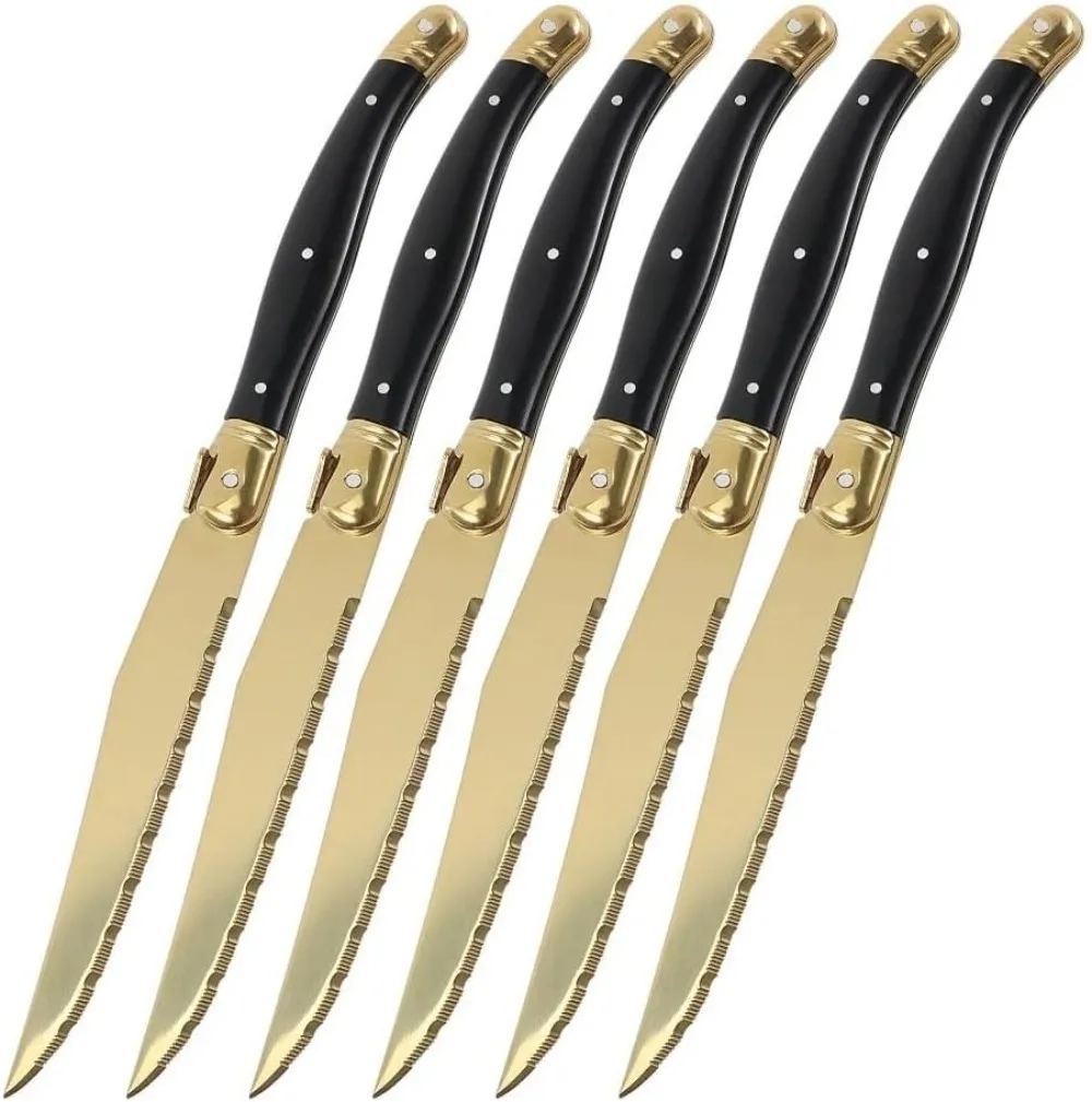 Steak Knives Gold Titanium Plated Serrated Stainless Steel Black Handle Western Dinner Knife for Kitchen Restaurant Tableware