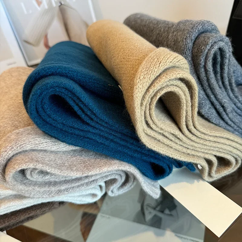 ผ้าพันคอไหมพรมขนสัตว์สำหรับผู้หญิง 100% ใหม่ ผ้าคลุมไหล่ฤดูหนาว อุ่น นุ่ม สีพื้น ถักทอ แฟชั่น แบรนด์ดัง ผ้าพันคอไหมพรมแบบผ้าห่ม ดีไซน์สวย