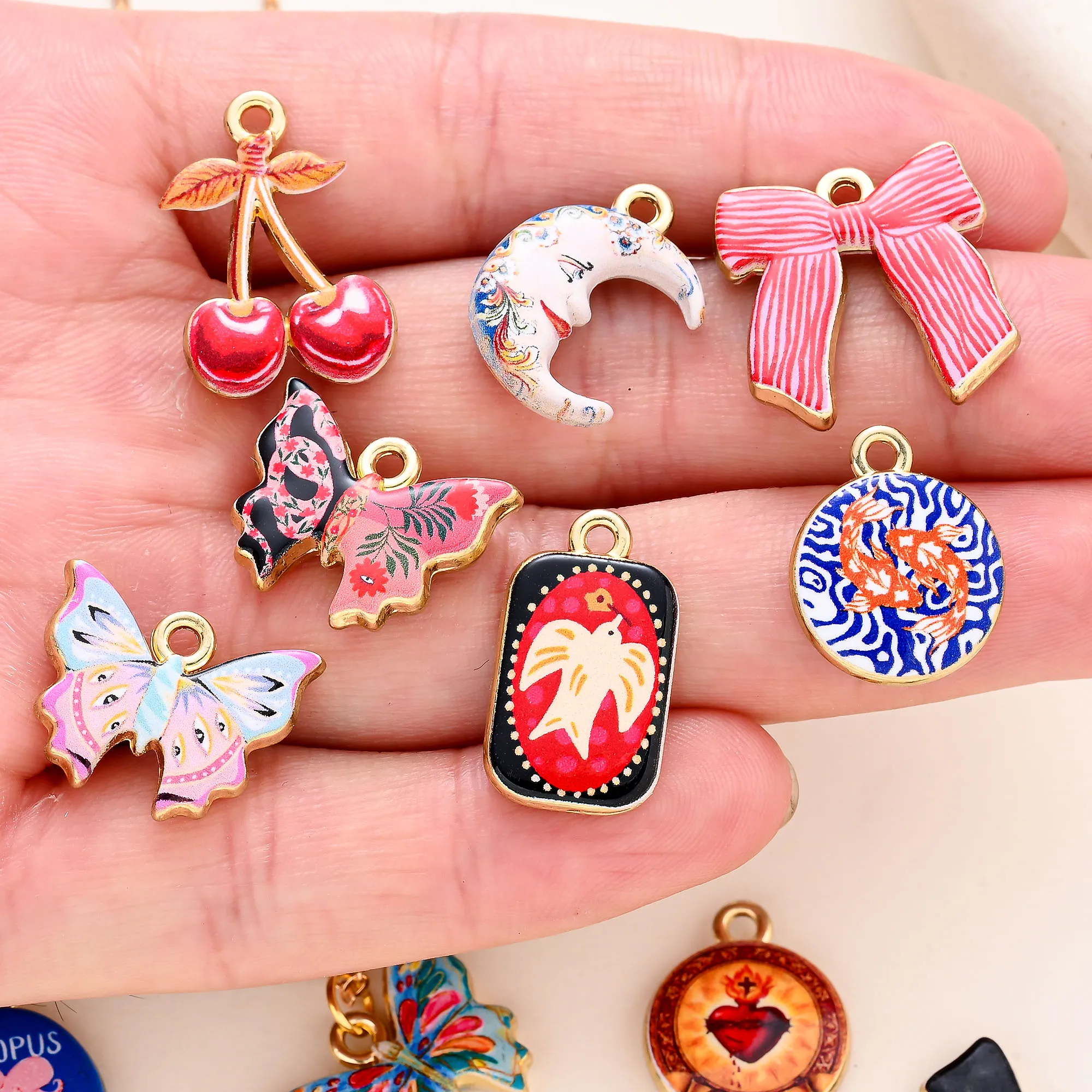 iYOE Cute Floral Animal Enamel Charm Heart Moon Butterfly Cherry Boot Golden Oil Pendant for Jewelry Making Bracelet Necklace