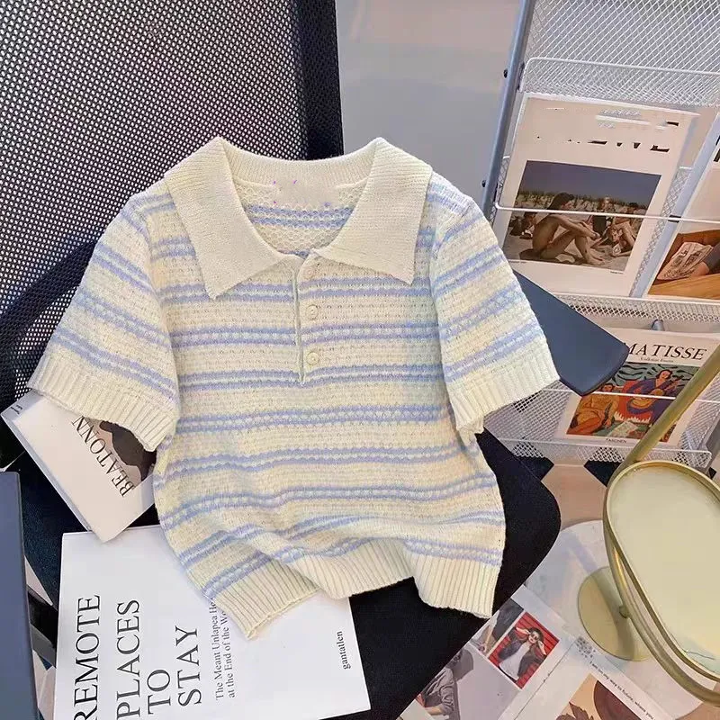 Prendas de punto para Mujer, novedad de verano 2021, camisetas de manga corta con cuello tipo Polo a rayas azules, camisetas informales coreanas para Mujer, camisas Y2k, Ropa para Mujer