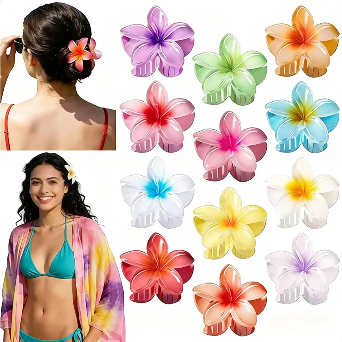 6 Pinzas de Pelo con Flores de Plumeria para Mujer, Pinzas Grandes Antideslizantes, Accesorios para el Cabello para el Verano y la Playa, para Cabello Grueso y Vacaciones