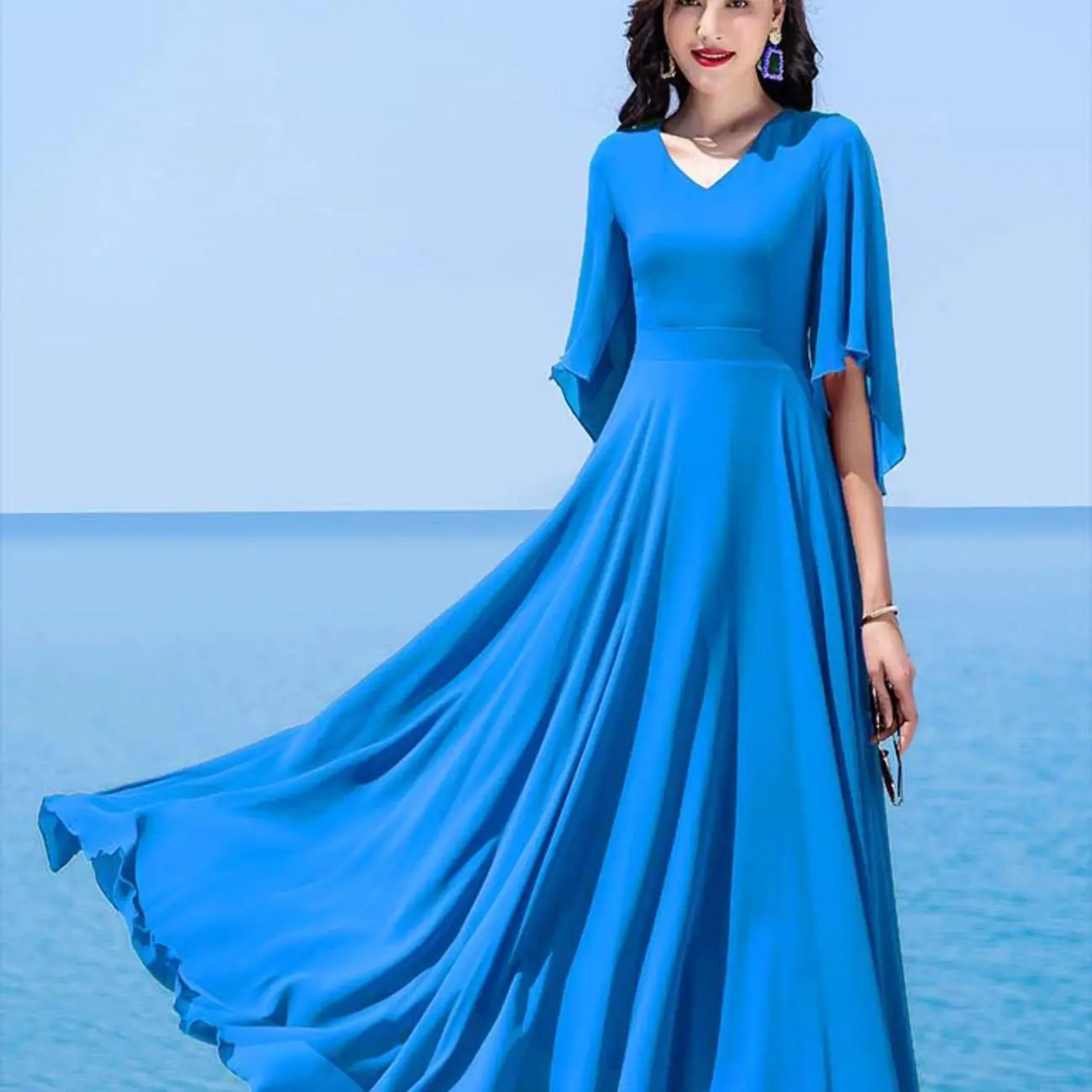Women Summer Dress Swing Solid New Mid Sleeve Dancing Chiffon Bohemian Vacation Beach Long Elegant Ladies Party Dresses Vestidos