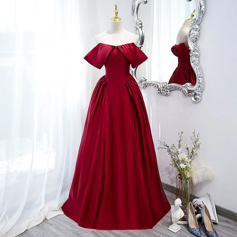 

New Elegant Evening Dress Short Sleeves Simple Ruched Floor-Length Lace Up A-Line Burgundy Satin Party Formal Gown Woman B2060