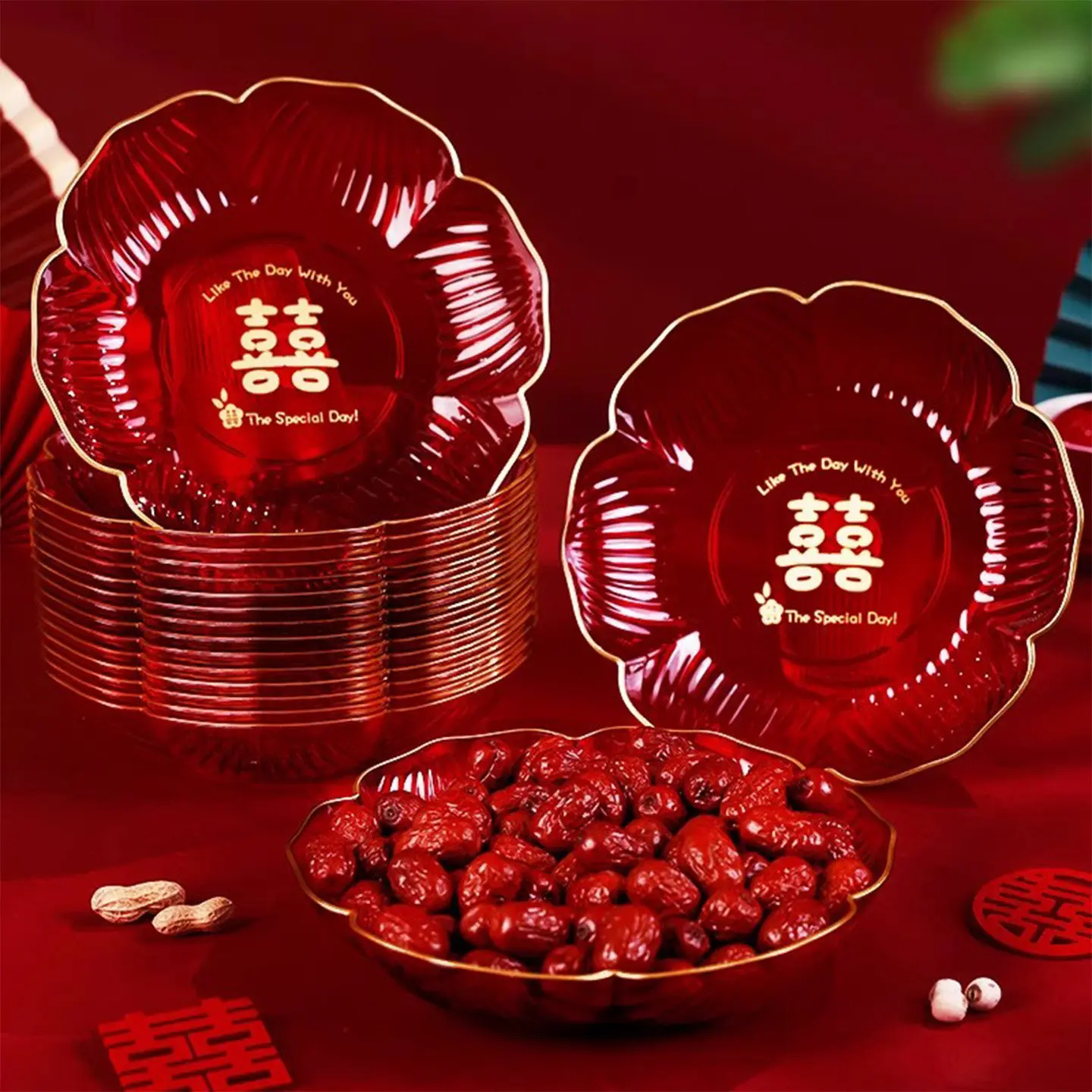 CX Wedding Fruit   Red Happy Plate Wedding Engagement Sugar Fruit Plate