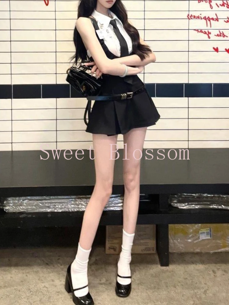 한국어 대학 스타일 레트로 Jk 2 조각 세트 여성 민소매 셔츠 + 블랙 스트랩 스커트 새로운 스파이스 소녀 달콤한 빈티지 슬림 양복 2025