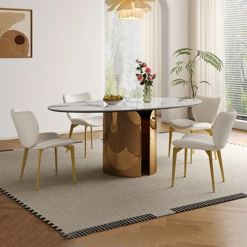 70.9-inch Oval Dining Table with Copper Stainless Steel Base, Unique Leg Design, Sturdy and Stable, Perfect for Kitchen, Dining