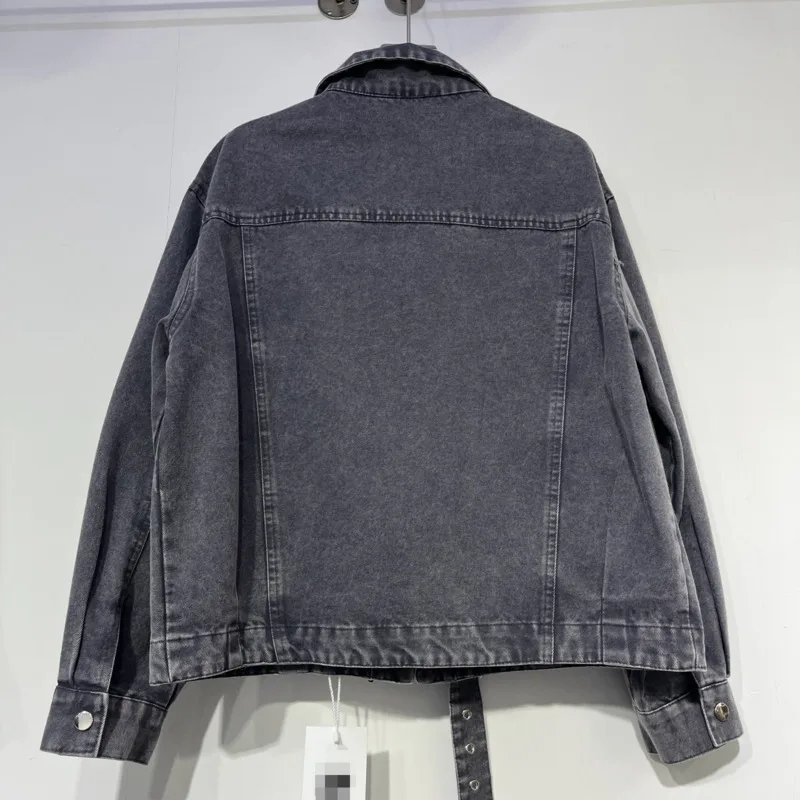 ANJY Spring Autumn New Women Retro Safari Style Washed Zipper Ribbon Design Denim Jacket High Street Loose Versatile Coat A25222
