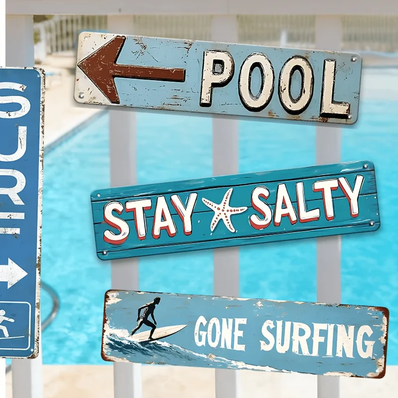 4pcs Vintage Beach And Pool Metal Signs Set, Surf Up And Stay Salty Wall Decor Retro Rustic Tin Signs For Pool, Beach House, Bar
