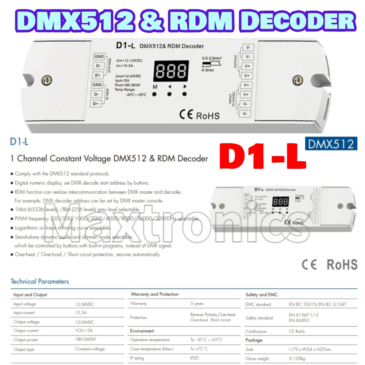 DC12-24V CV DMX Decoder D1-L 1 Channel Constant Voltage DMX512 & RDM Decoder LED Controller 1CH*15A for Single Color LED Strips
