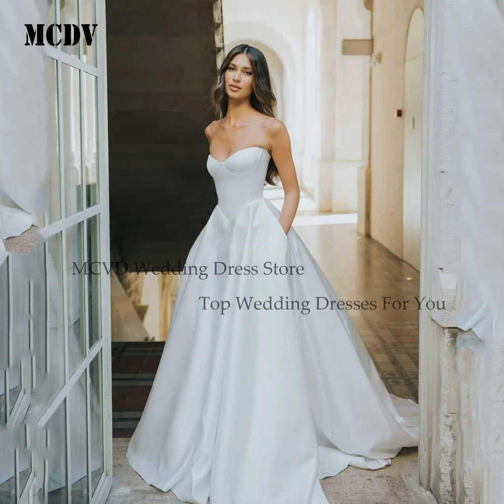 

MCDV A-Line Strapless Pleat Satin Simple Elegant Wedding Dresses With Pocket Sleeveless Brides Party Gown Customized 2025